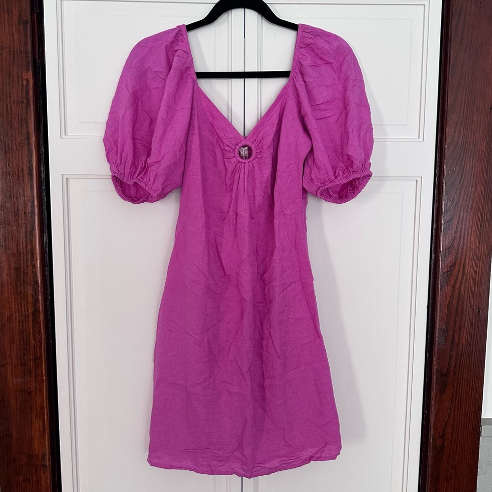 NWT Sim & Sam pink linen puff sleeve keyhole mini dress women’s size medium